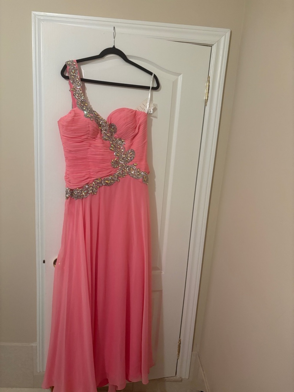 Tony Bowls Pink One-Shoulder Pleated Evening Gown with Beaded Detail